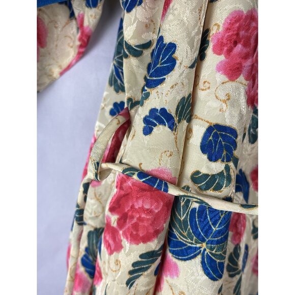 Floral Satin Sleep Robe Women Size M Blue Pink Tie Front Loungewear - Picture 8 of 16
